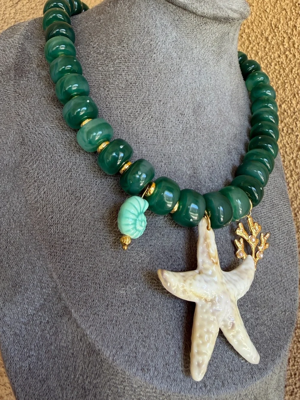 Green Beaded Starfish Charm Necklace - Summer Jewelry